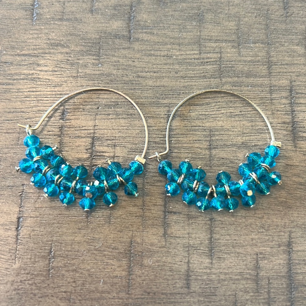 Blue Beaded Gold Hoops